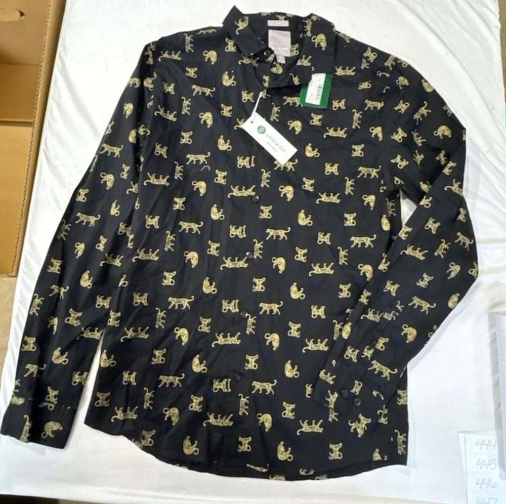 N440 A-Frame Stockholm Stretch Poplin Shirt Mens M Tall Black Leopard Print